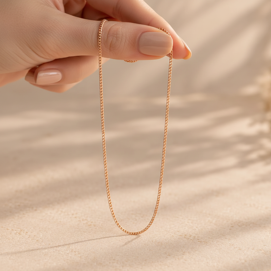 A hand with light pink manicured nails holds a delicate rose gold chain necklace against a warm, sandy beige background with soft leaf shadows.