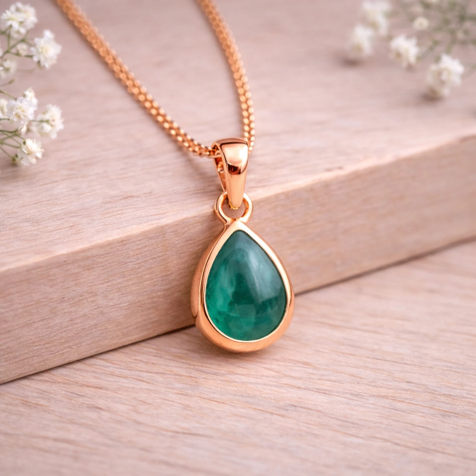 Rose Gold necklace with a green teardrop natural emerald gemstone pendant on a wooden background