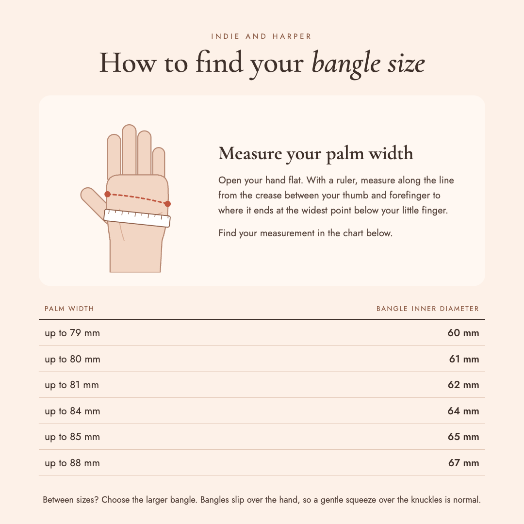 Bangle size guide showing how to measure palm width, with a size chart for 60 to 67 mm bangles