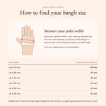 Bangle size guide showing how to measure palm width, with a size chart for 60 to 67 mm bangles