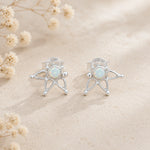 A pair of silver stud earrings with a delicate openwork starburst design surrounding a round iridescent white opal center, displayed on a textured beige surface with dried flowers.