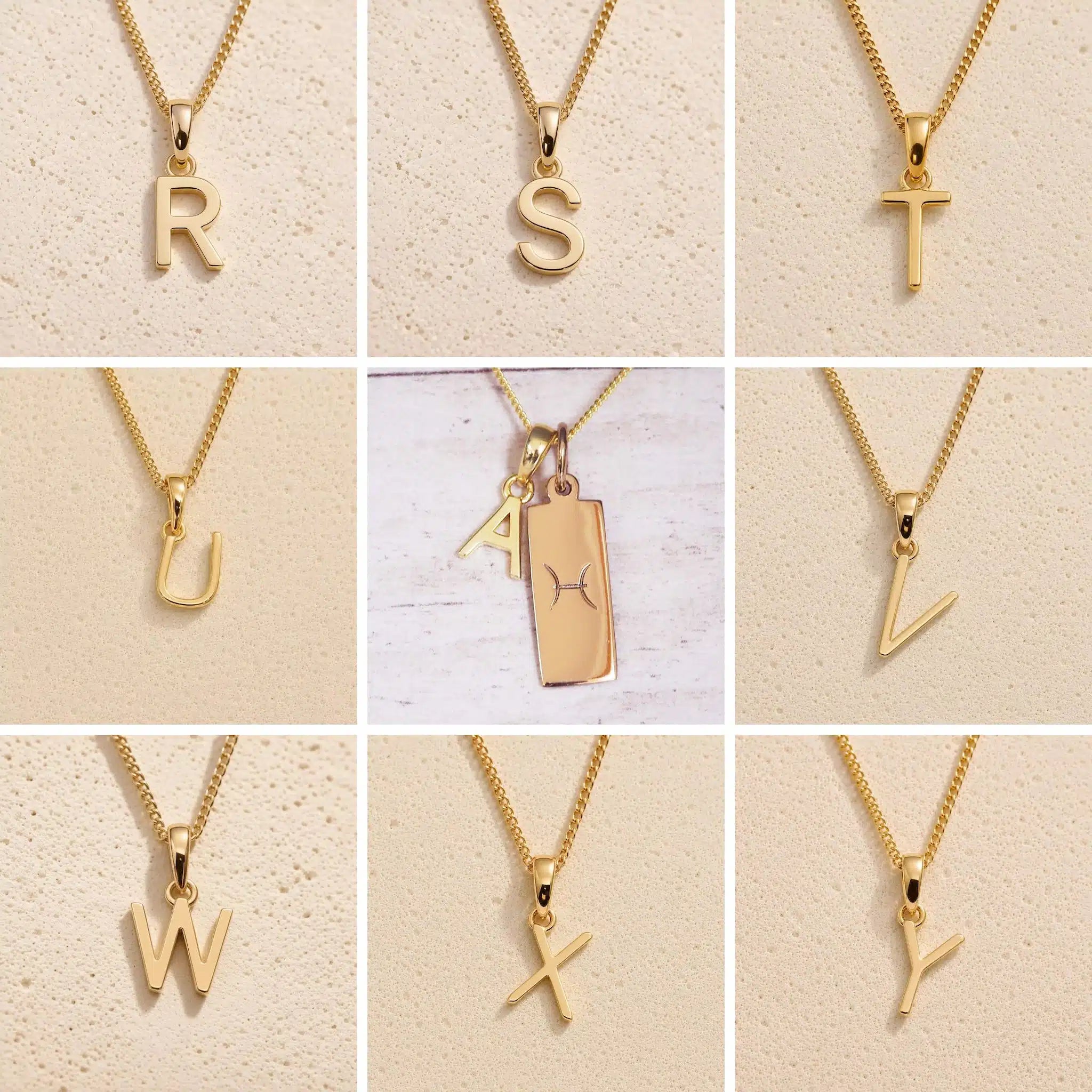 3x3 grid showing personalised gold initial necklace options R, S, T, U, V, W, X and Y, with the centre image featuring the Pisces zodiac double-pendant necklace with an uppercase A charm and engraved rectangular bar tag on a fine cable chain.