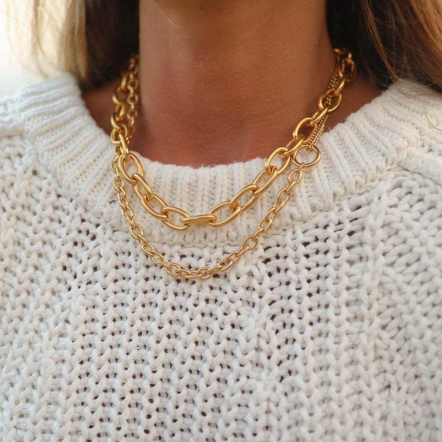 woman wearing two Gold Necklaces - gold waterproof jewellery australia