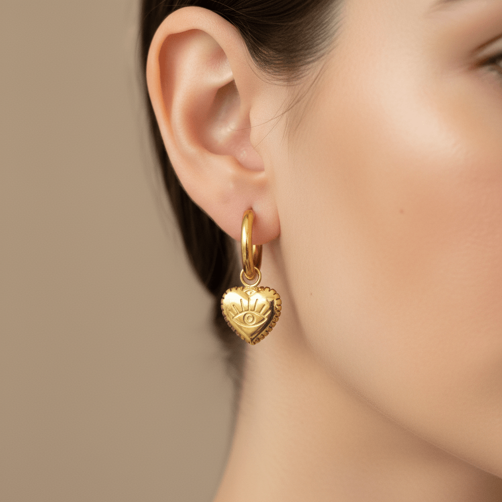 Gold heart-shaped earring worn by a person with a neutral background