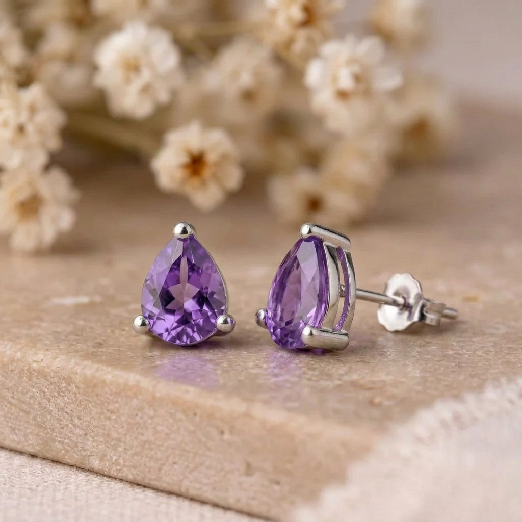 Amethyst stud earrings with butterfly back on beige stone with dried white flowers behind