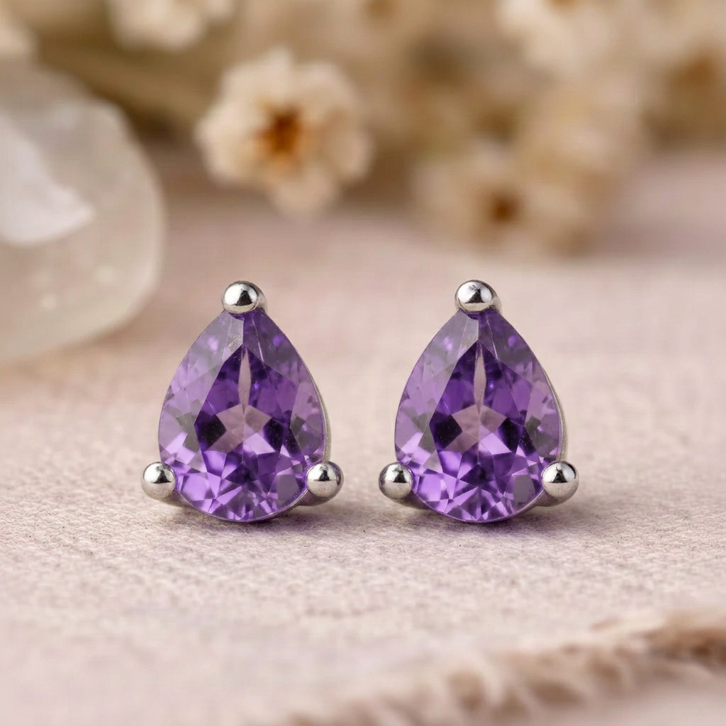Close-up of faceted pear-shaped amethyst stud earrings in sterling silver claw settings on linen