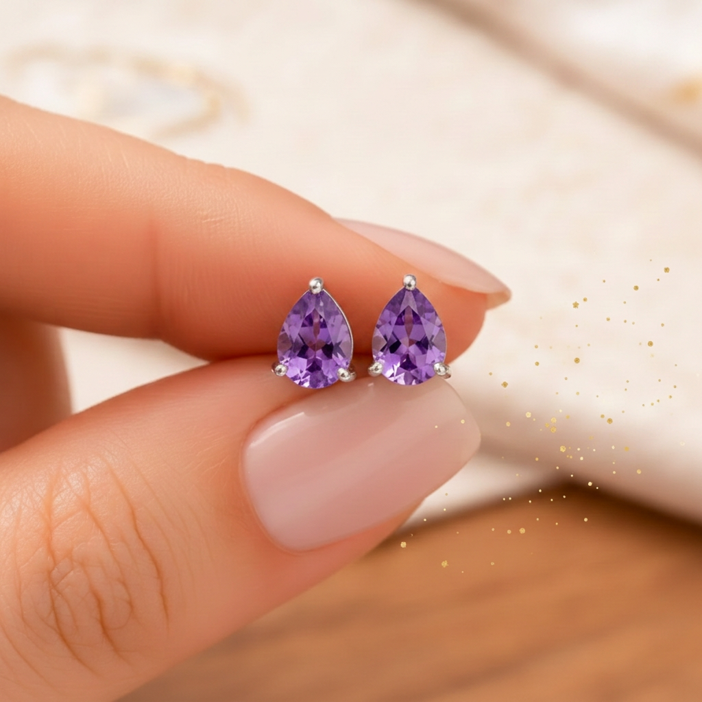 Hand holding a pair of faceted pear-shaped amethyst stud earrings against a soft beige background