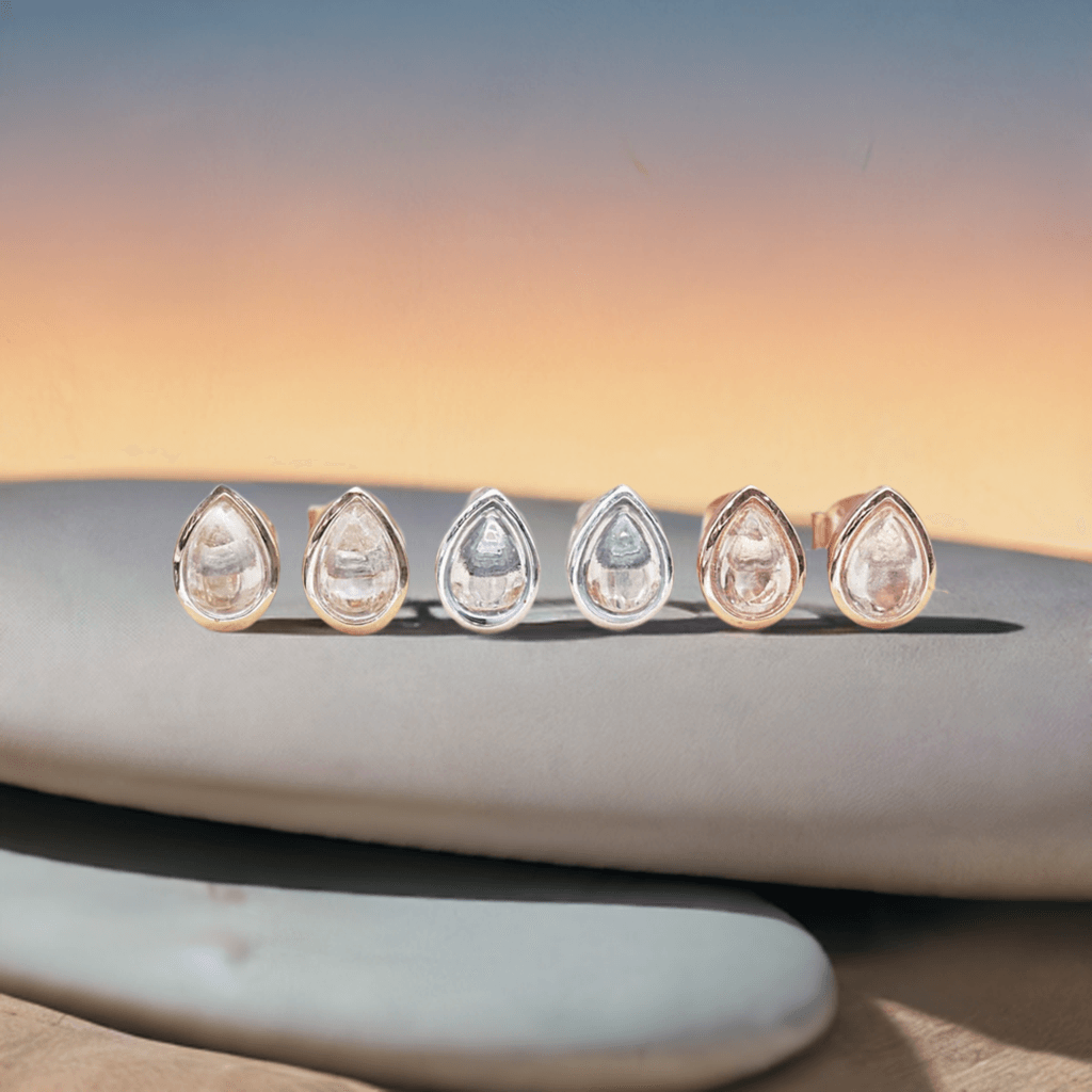 April Birthstone Herkimer Quartz earrings in rose gold, silver and gold - womens jewellery by australian jewellery brand indie and harper