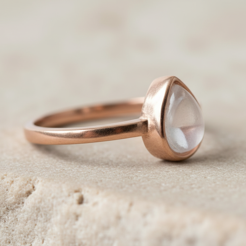 Rose gold ring with a clear herkimer quartz gemstone on a beige background