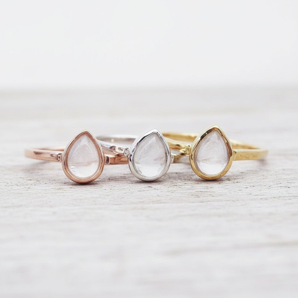 April Birthstone Herkimer Quartz Rings in rose gold, silver and gold by indie and harper australia
