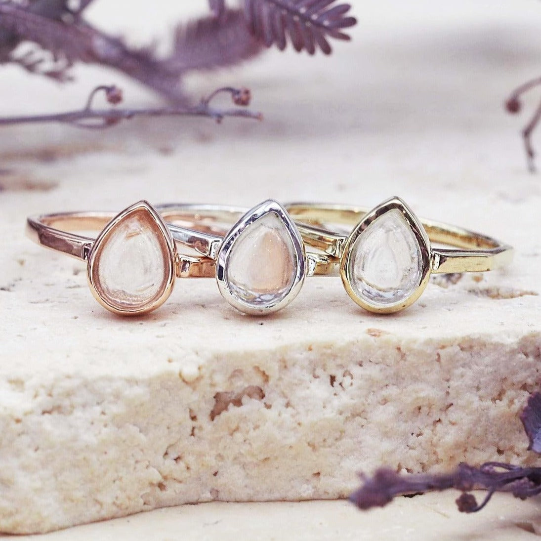 April Birthstone Herkimer Quartz Rings in rose gold, silver and gold by indie and harper australia
