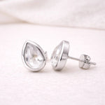 sterling Silver teardrop earrings with clear herkimer quartz gemstones on a light background