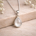 Sterling Silver April birthstone necklace with a pear-shaped natural clear quartz gemstone pendant - birthstone jewellery gift for her
