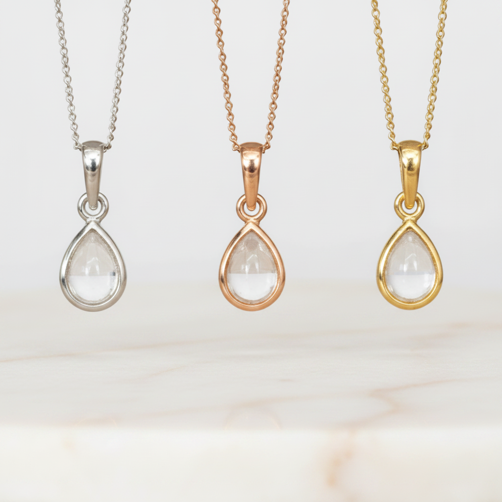 april birthstone necklaces with a pear-shaped natural clear quartz gemstone pendant - birthstone jewellery gift for her