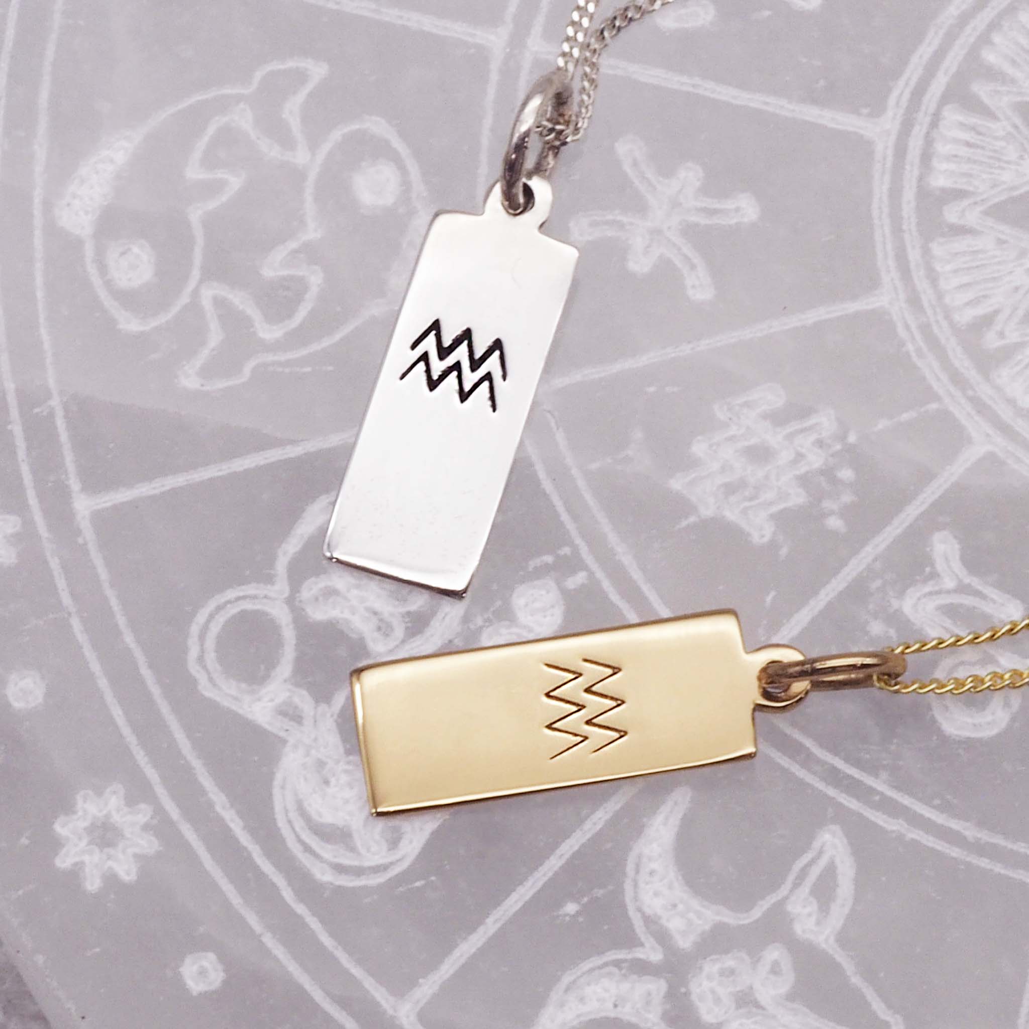 aquarius zodiac necklaces in gold and silver 