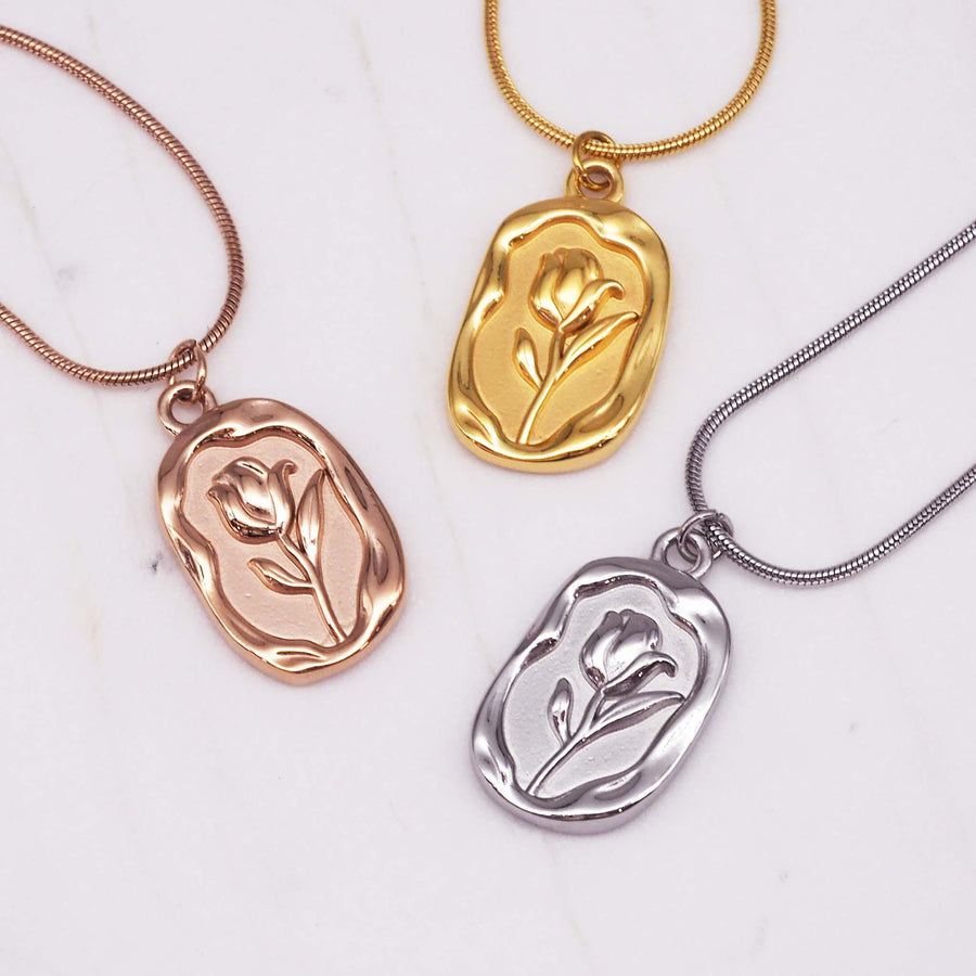Necklaces featuring a rose design in rose gold, gold and silver - womens waterproof jewellery Australia