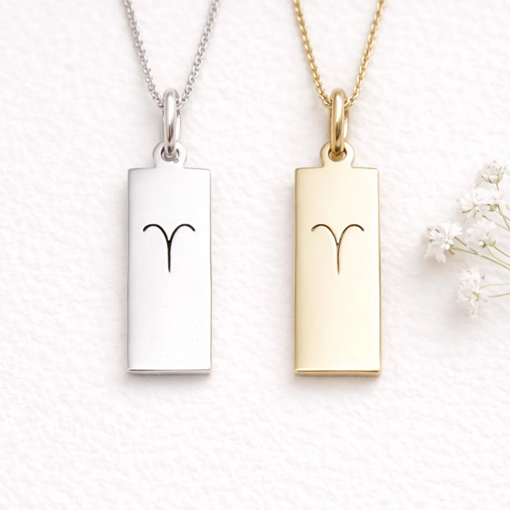 silver and gold necklace with aries zodiac symbol