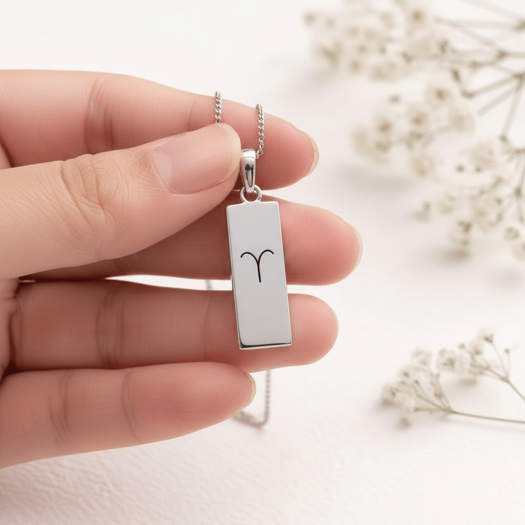 Sterling Silver Aries Zodiac Necklace with minimalist pendant design being held
