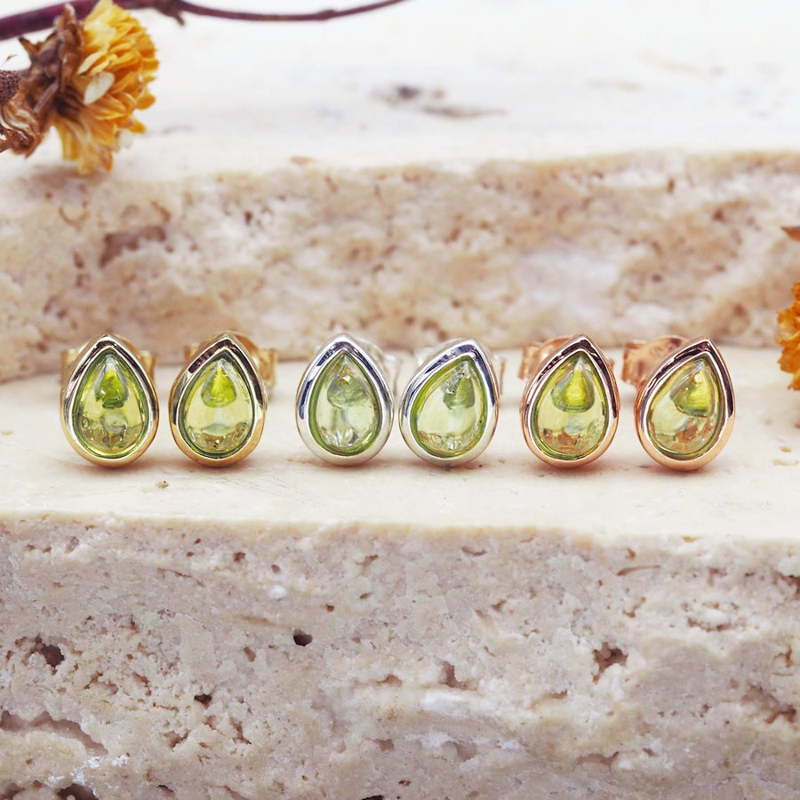 august birthstone earrings made with peridot gemstones in gold, silver and rose gold - august birthstone jewellery australia