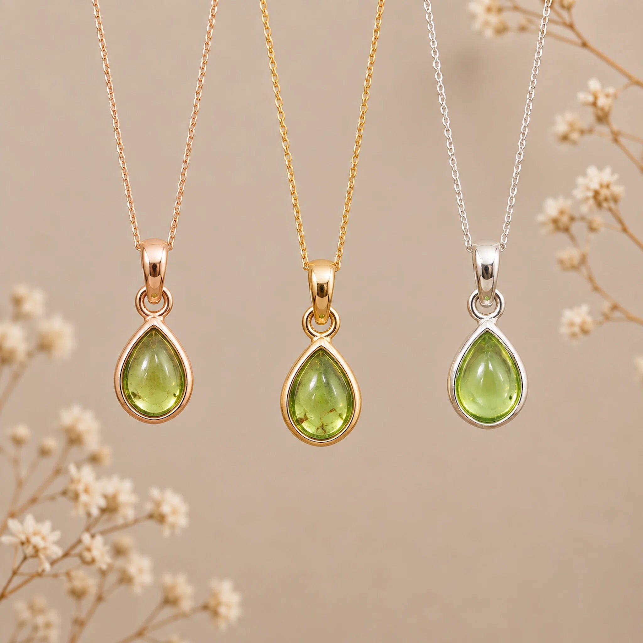 Three August Birthstone Necklaces featuring teardrop pendant necklaces with light green natural peridot gemstone pendants in rose gold, yellow gold, and silver settings, hanging against a warm beige background with delicate dried flowers.