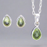 Sterling silver August birthstone Peridot jewellery set featuring peridot earrings and peridot necklace by indie and harper