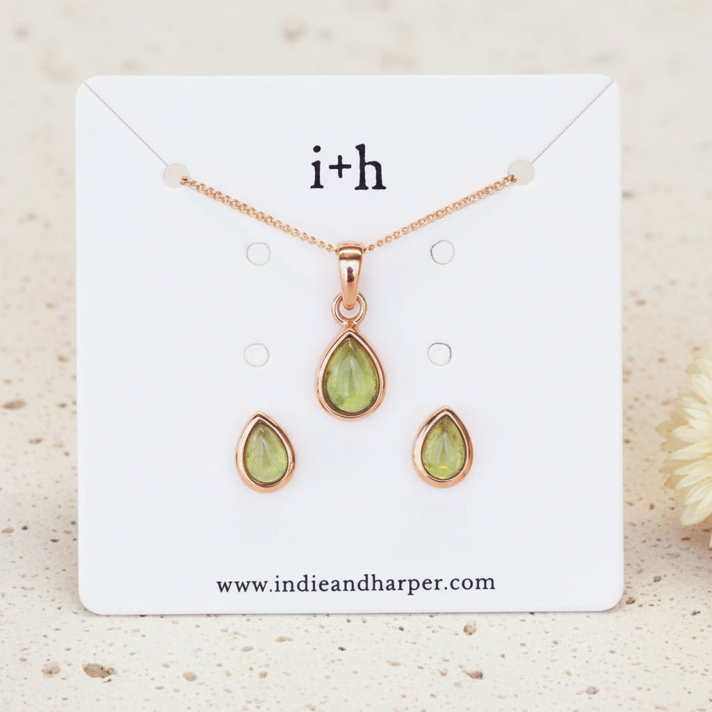 August Birthstone Peridot earrings and peridot necklace by indie and harper australia