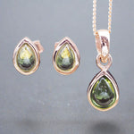 rose gold August birthstone peridot jewellery set featuring peridot earrings and peridot necklace by indie and harper
