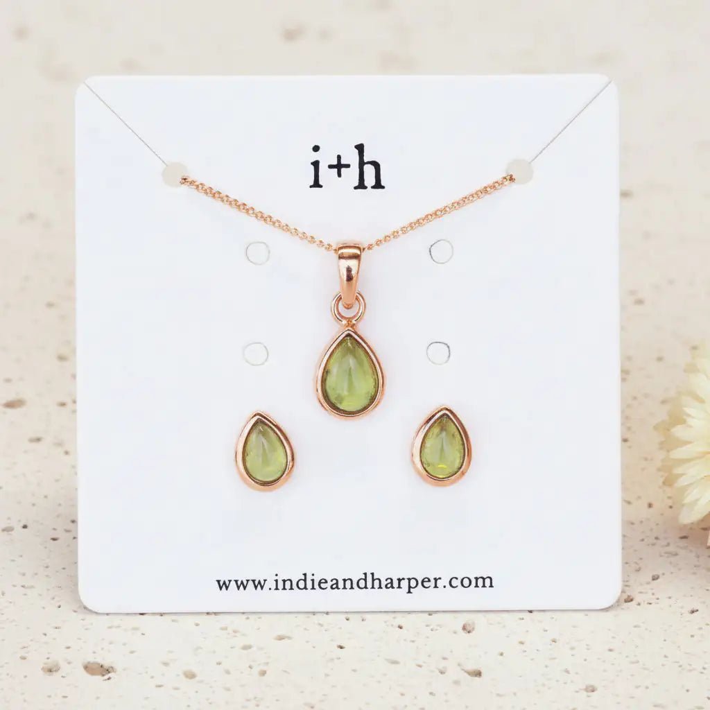 Rose Gold August Birthstone Jewellery Set including pear-shaped natural Peridot stud earrings and pendant necklace