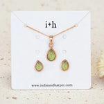 Rose Gold August Birthstone Jewellery Set including pear-shaped natural Peridot stud earrings and pendant necklace