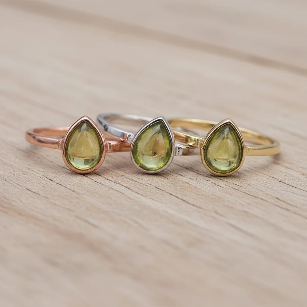 august birthstone peridot rings in rose gold, silver and gold - indie and harper australia