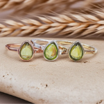 august birthstone peridot rings in rose gold, silver and gold - indie and harper australia