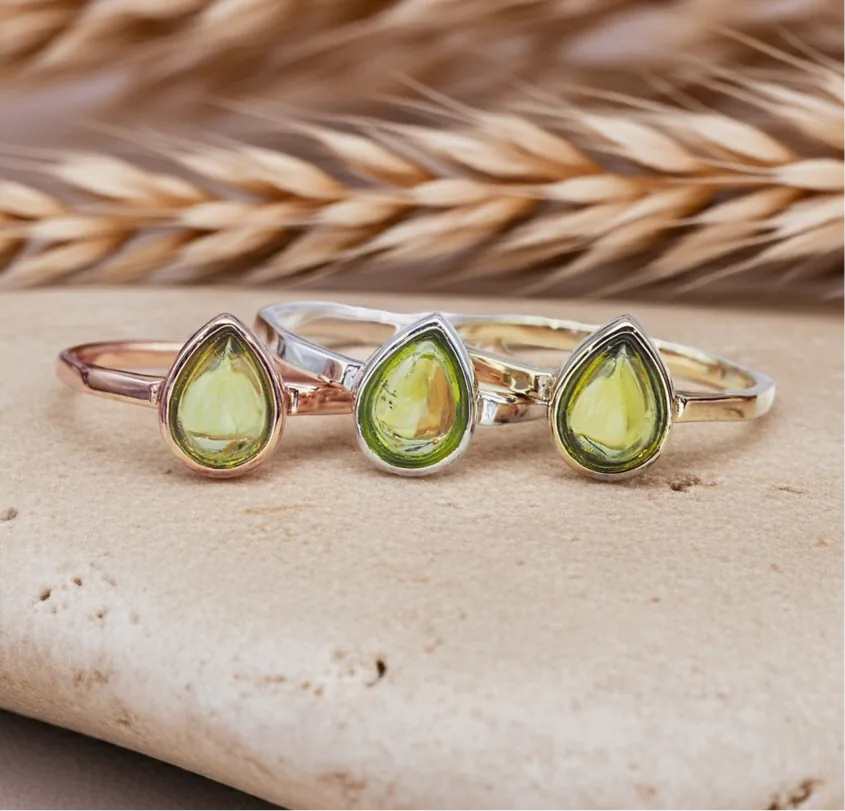 august birthstone peridot rings in rose gold, silver and gold - indie and harper australia
