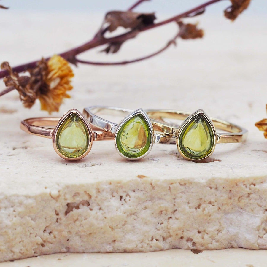 august birthstone rings with peridot and rose gold, sterling silver and gold - august birthstone jewellery australia