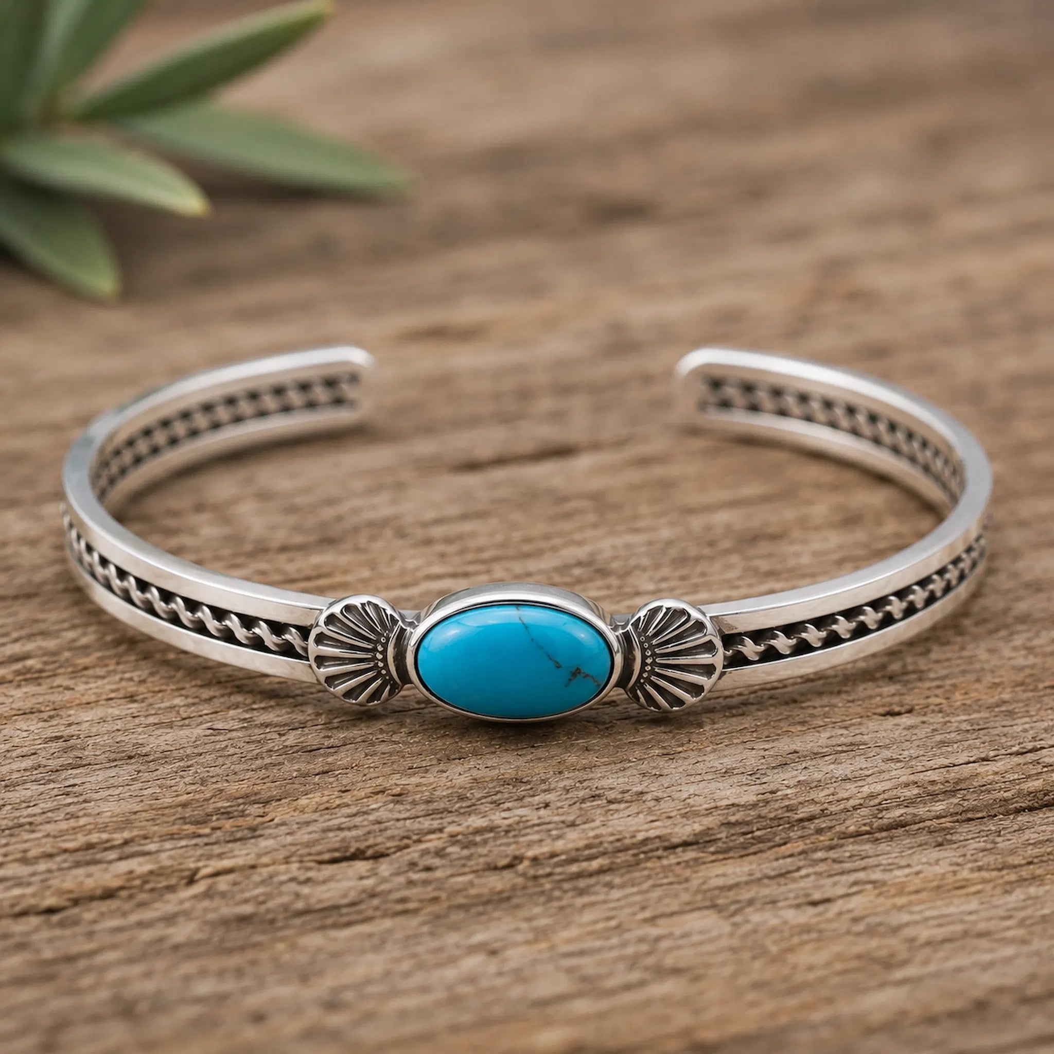 A sterling silver authentic hand crafted turquoise cuff bracelet with a central oval turquoise stone, resting on a rustic wooden surface.