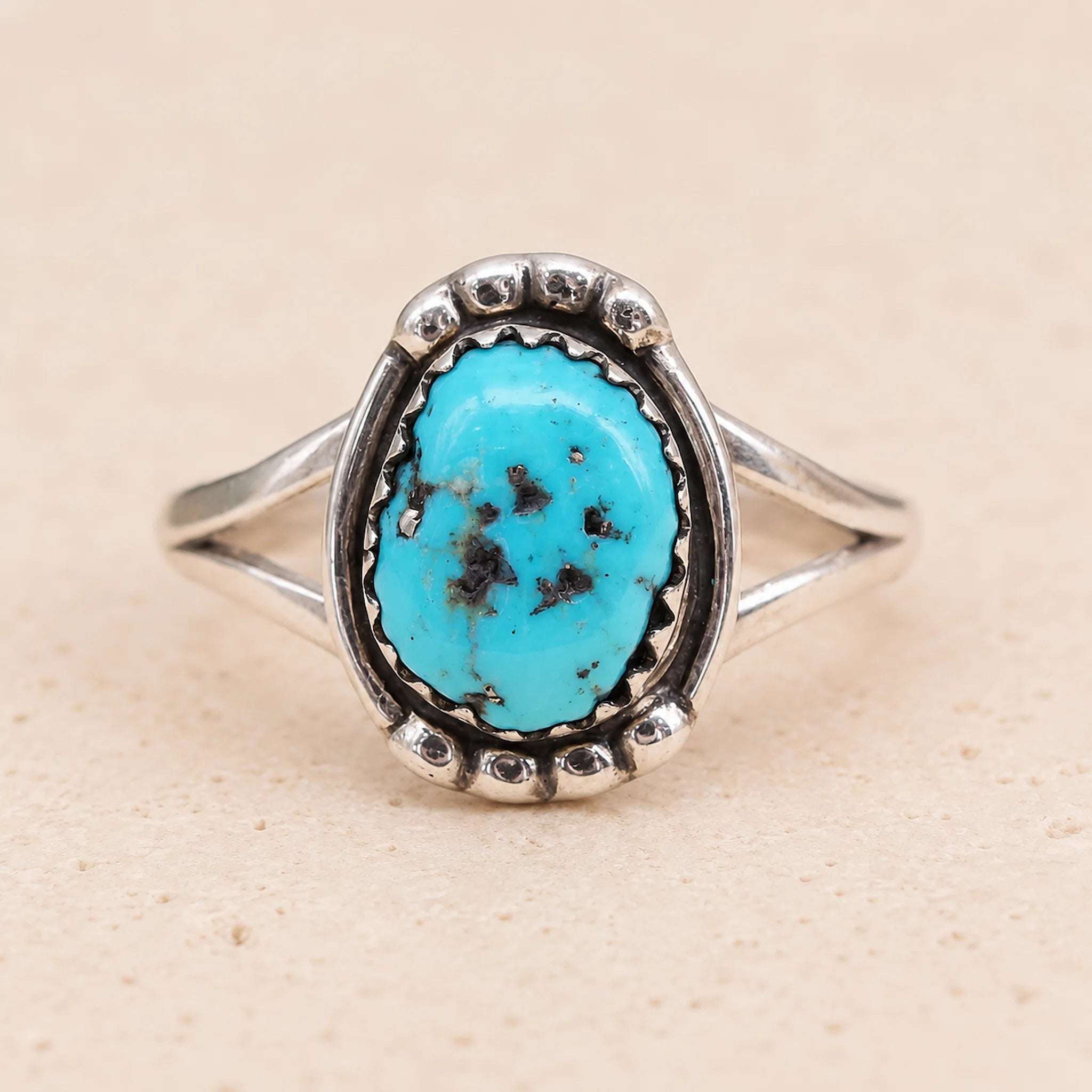 sterling silver ring with natural Turquoise stone and oxidised band, hand crafted by navajo artisans