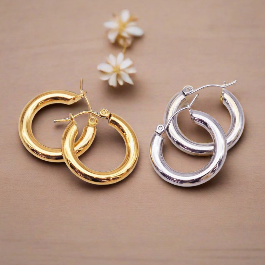 gold hoop earrings and silver hoop earrings - waterproof jewellery Australian jewellery brand