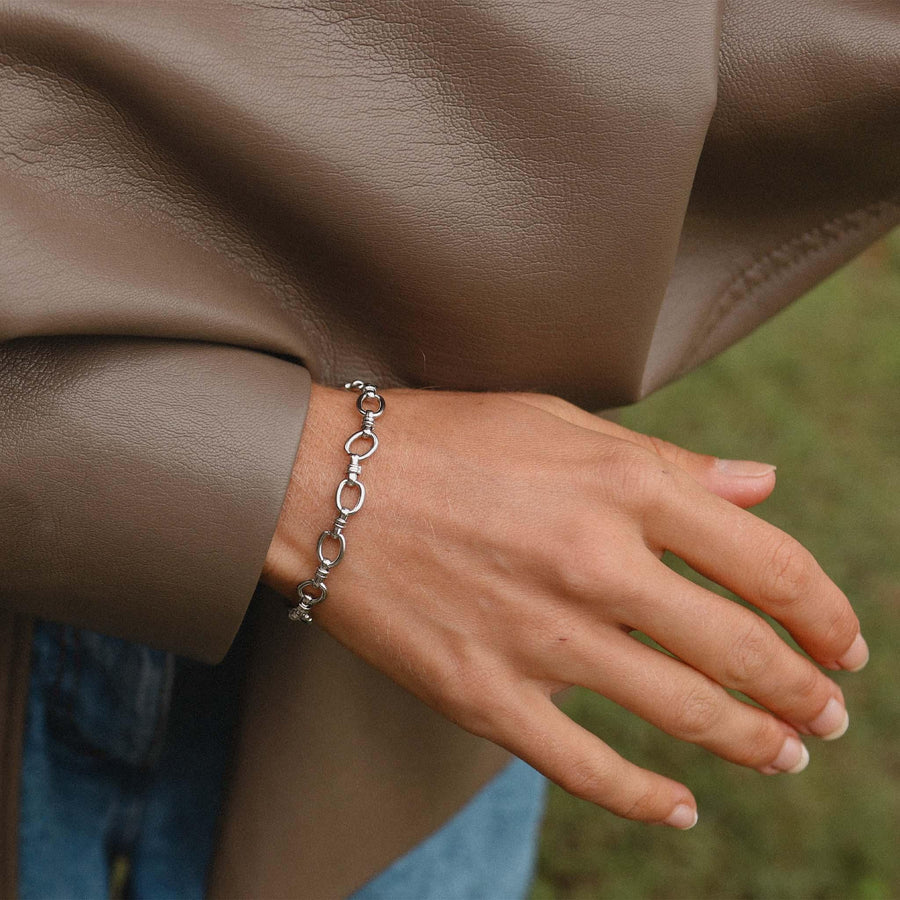woman wearing silver Bracelet - waterproof jewellery by indie and harper