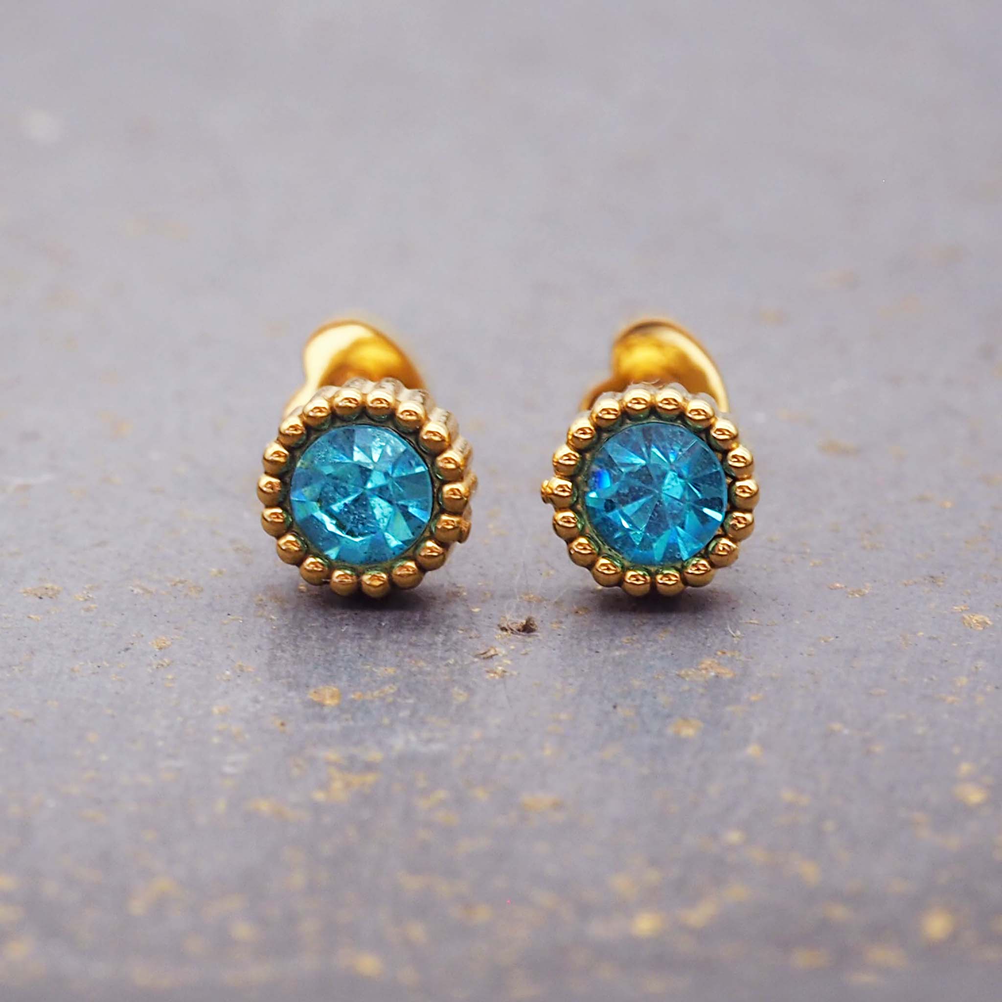 Gold stud earrings with blue cubic zirconia - gold waterproof jewellery by Australian jewellery brands indie and Harper 
