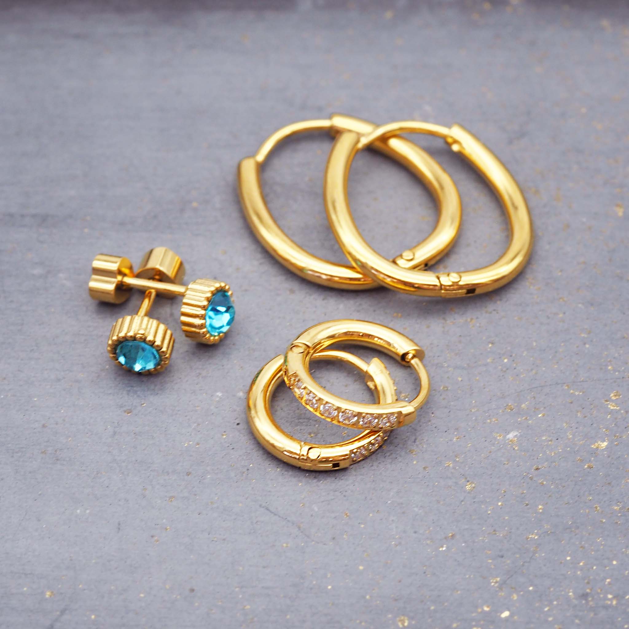 Gold earrings stack - gold waterproof jewellery by indie and Harper Australia 