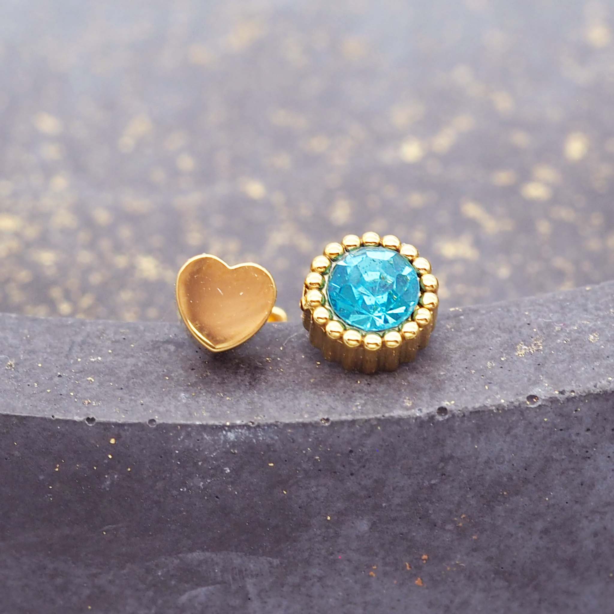 double sided stud earrings with threaded backing - made with gold plating over stainless steel and blue cubic zirconia - waterproof jewellery australia by indie and harper
