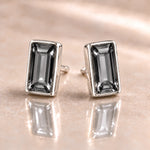 Black Diamond Austrian crystal baguette stud earrings in polished sterling silver, angled view