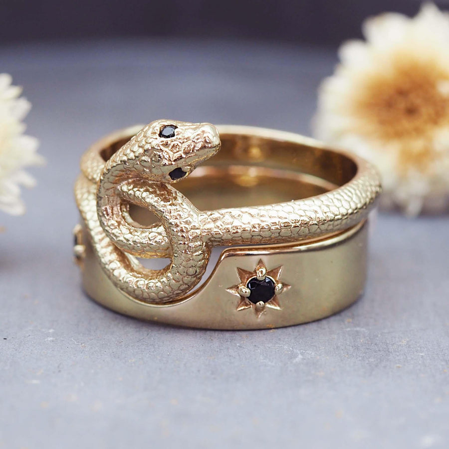 Black Spinel Serpent Ring Set - womens jewellery by indie and harper
