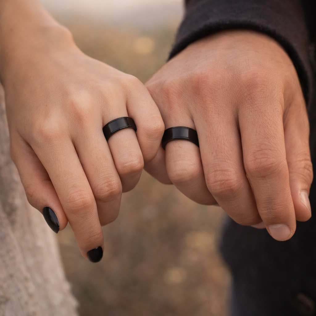 Two hands wearing black rings with a blurred natural background