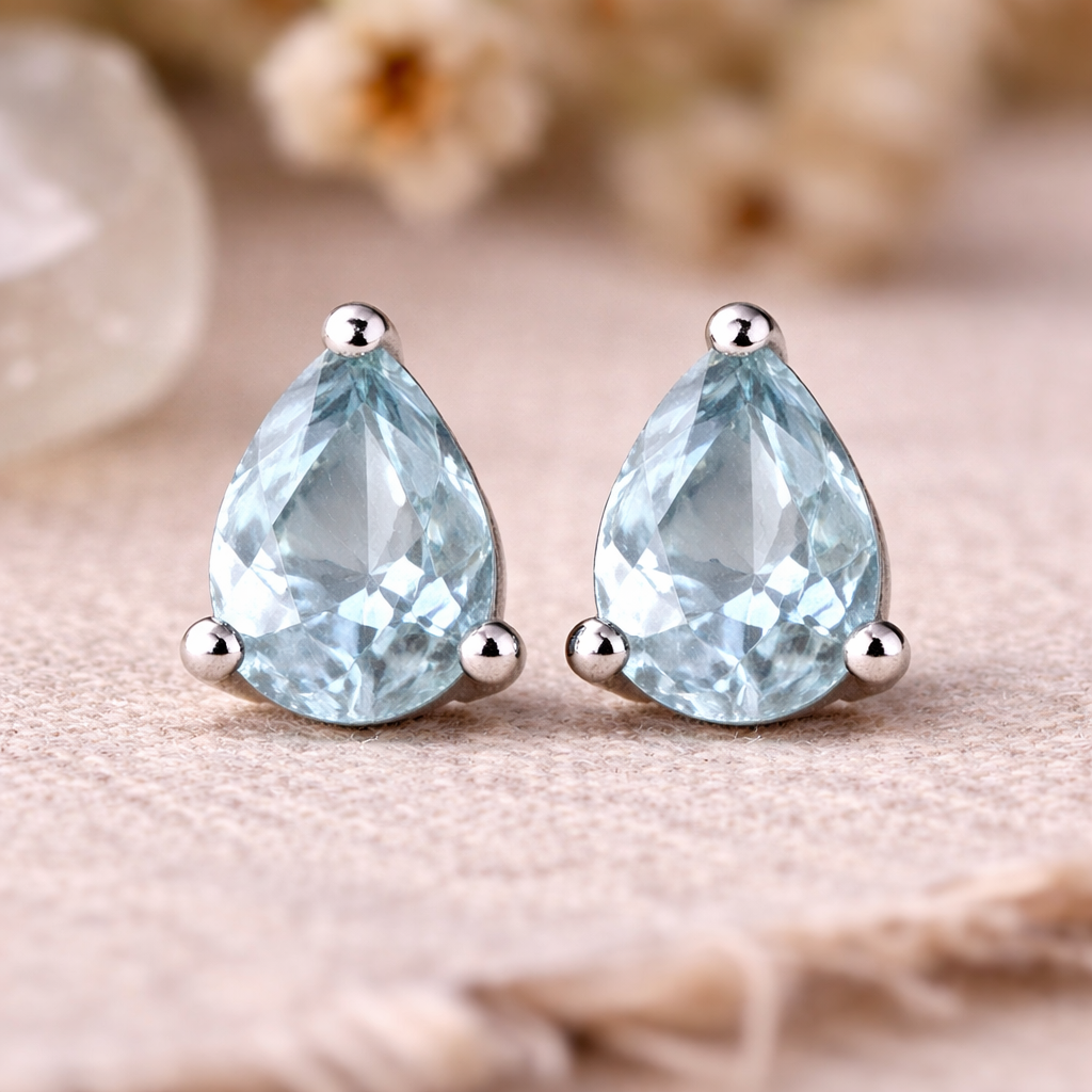 Pair of teardrop-shaped facteted and claw set blue topaz gemstone stud earrings 