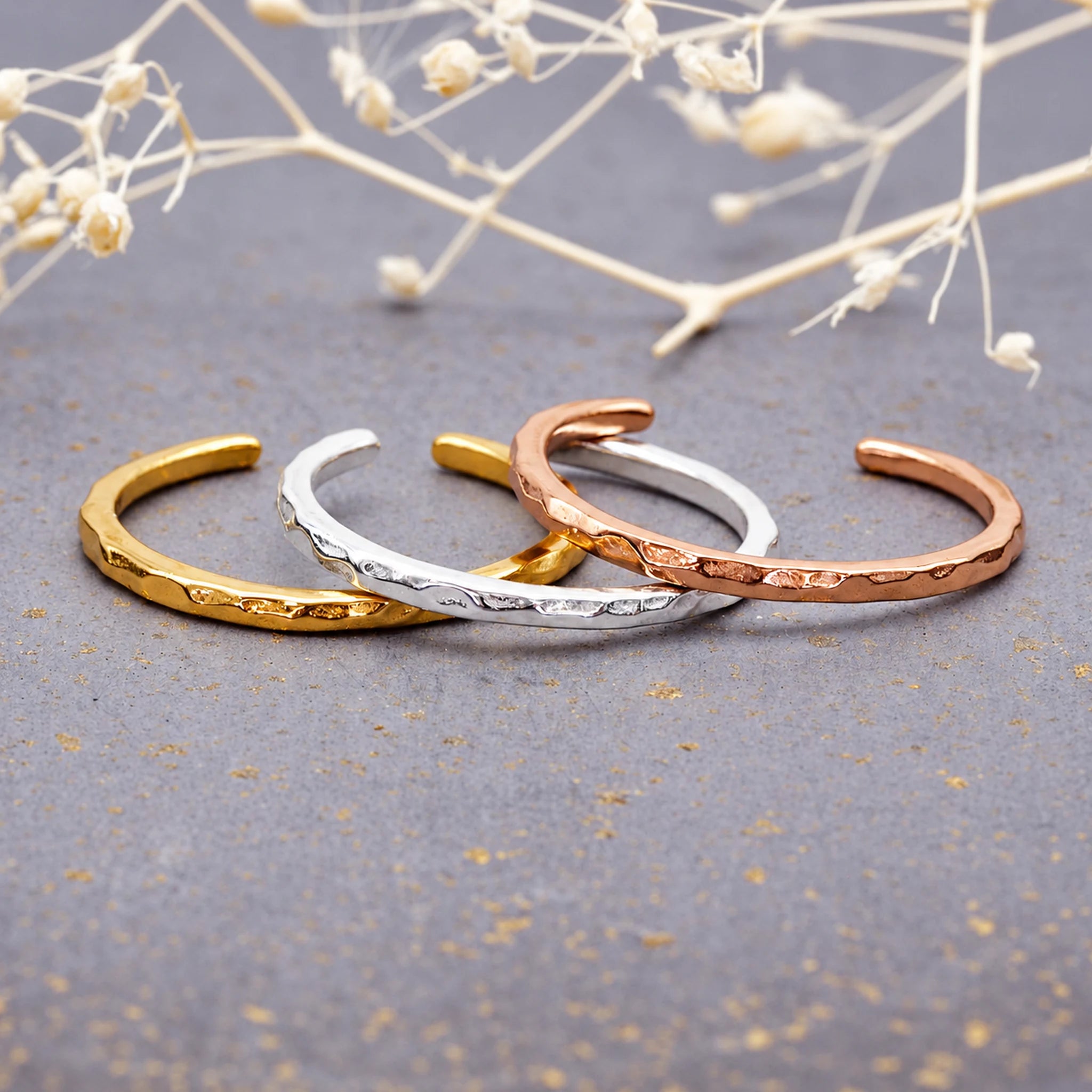 Hammered open toe rings in gold, sterling silver and rose gold