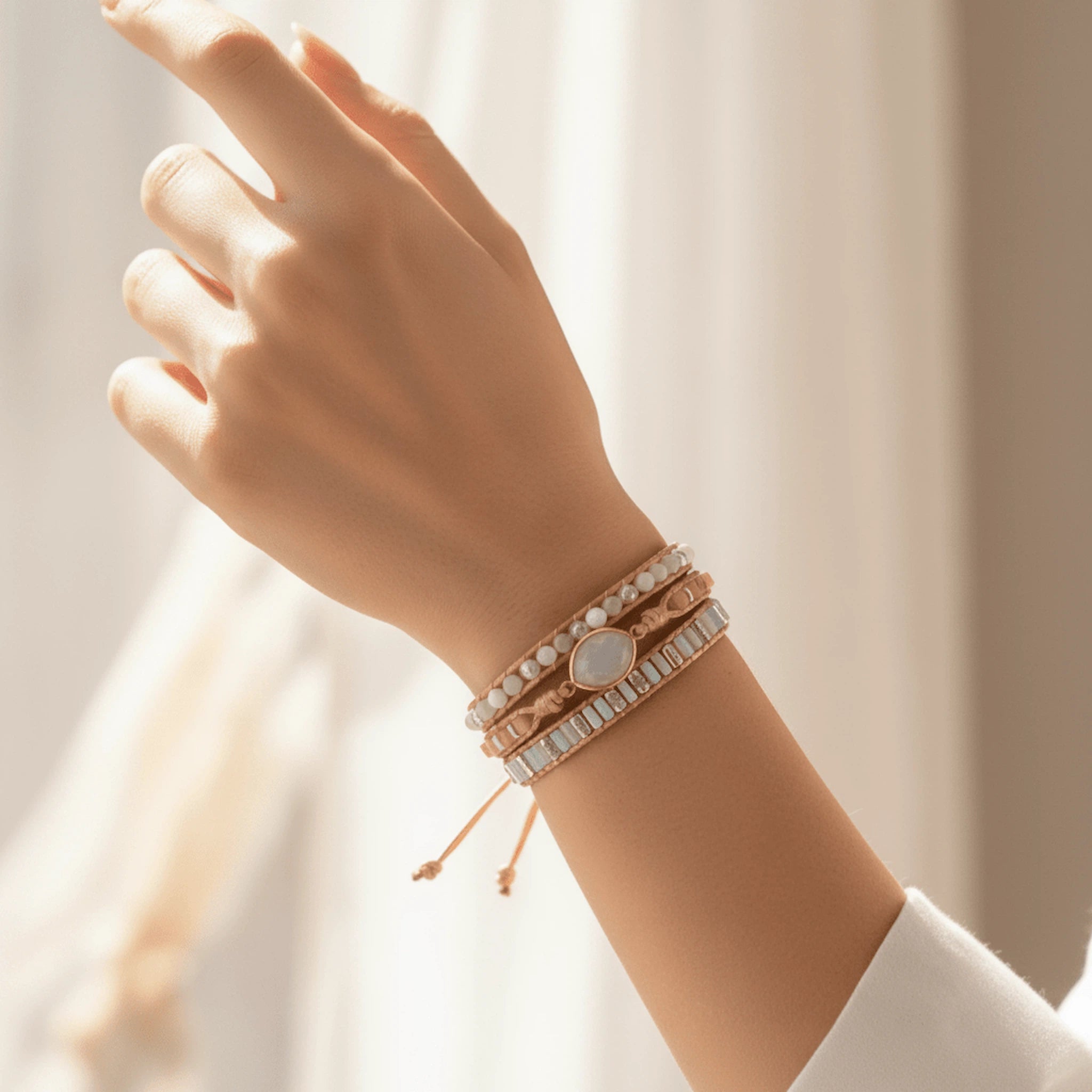boho style multi wrap natural moonstone gemstone beaded bracelet being worn on a womans wrist with soft warm lighting