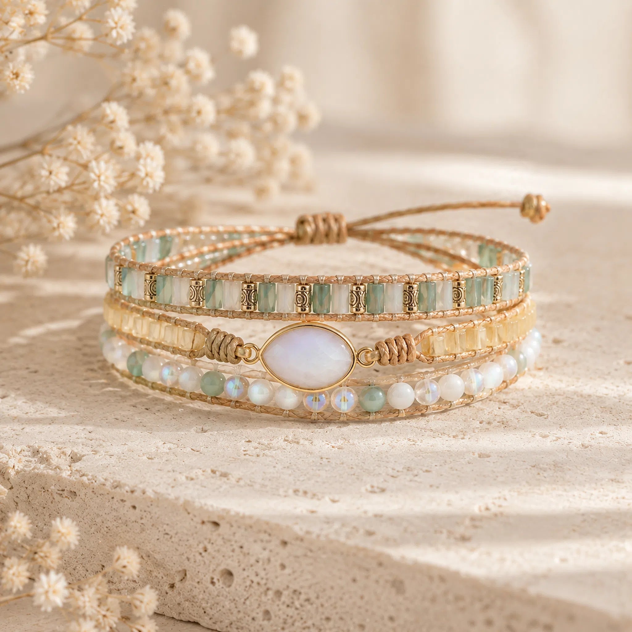 boho style wrap bracelet with multiple beads and moonstone on a stone surface