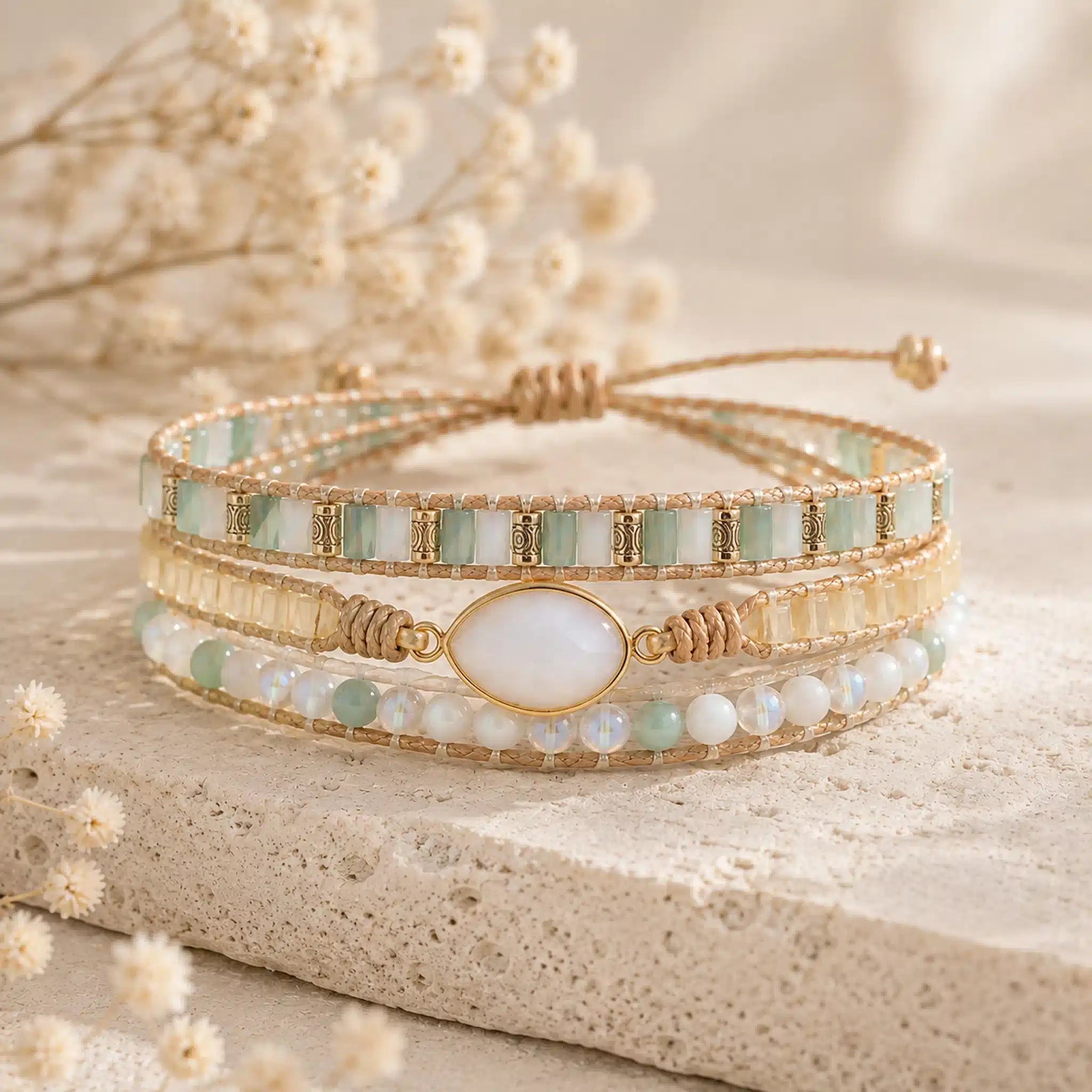 boho style wrap bracelet with multiple beads and moonstone on a stone surface