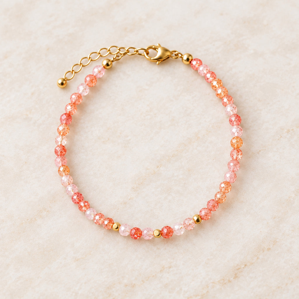 Natural sunstone gold beaded bracelet with peach, orange and white faceted sunstone beads