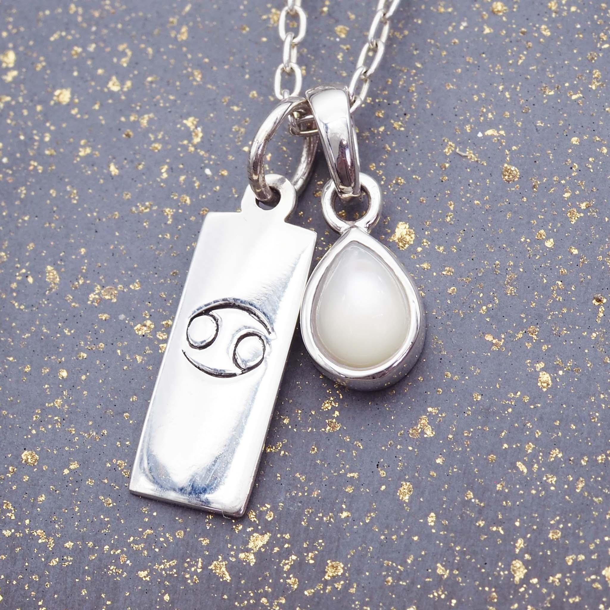 Silver Zodiac Cancer and june Birthstone pearl Necklace by indie and harper Australia 